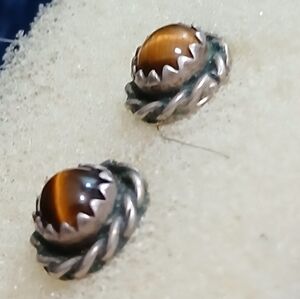 Sterling Silver Tiger Eye Native American Earrings Vintage Handmade
